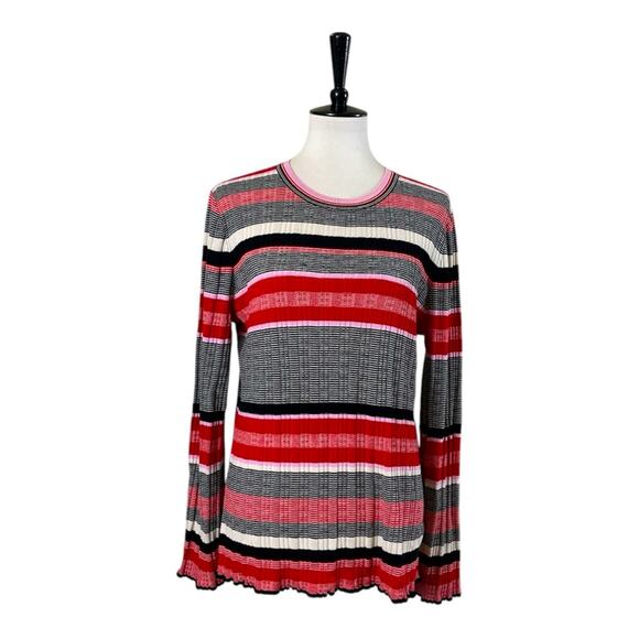 Ann Taylor Sweater Crew Neck Flare Sleeve Black Pink Red Stripe Women Size XL - Picture 1 of 12